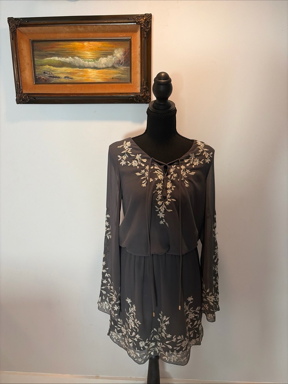 Flowy cinched waist Dress Embroidered Dark Romantic Fairy Core LaceUp Whimsigoth